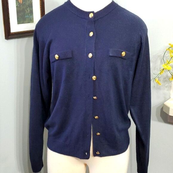 KERRY n KELSEY, Navy Old Money vintage sweater. Gold buttons. SZ LARGE. Jacki… - Picture 1 of 11